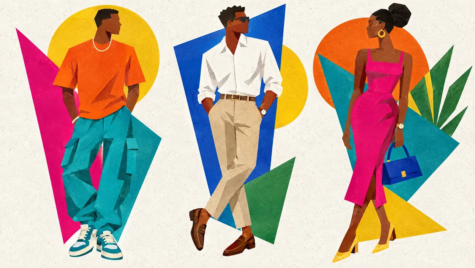 Trois tenues illustrées : décontractée, chic et élégante.